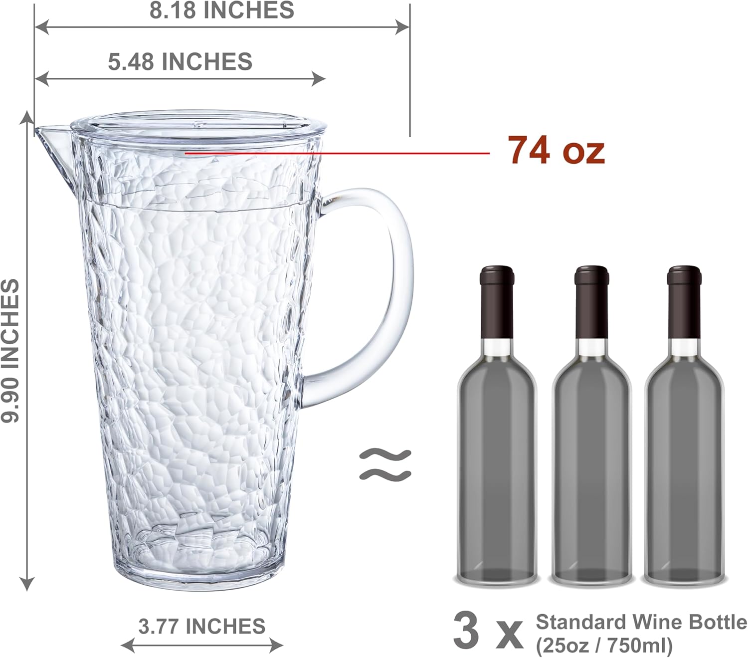 Bzyoo 74oz Clear ChillCraft Water Jug, BPA-Free Pitcher with Lid, Hammered Glass-Style Durable Plastic, Ripple Effect Design, Easy-Pour Spout, Ideal for Orange Juice, Iced Tea, Infused Waters