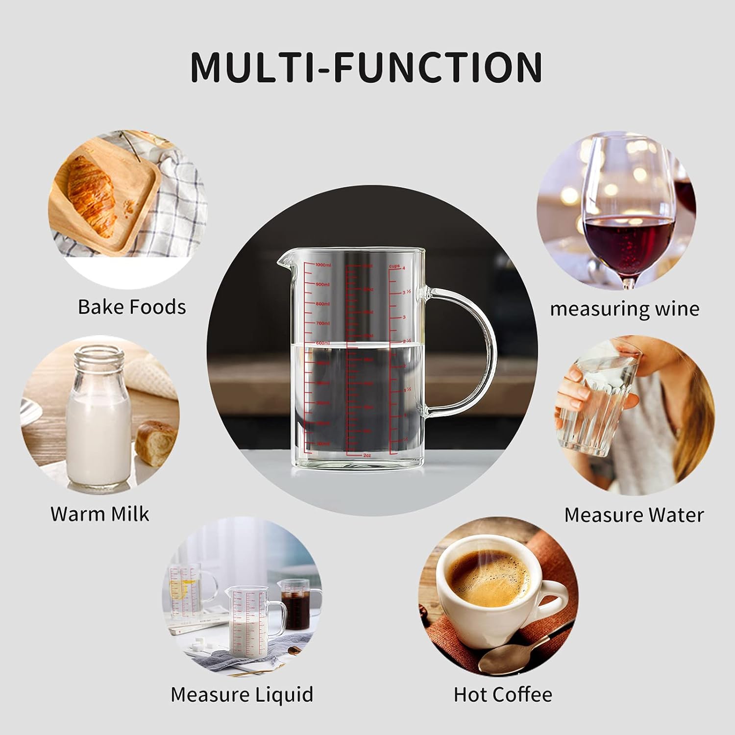 Luvan 34OZ/1000ML Glass Measuring Cup, 4 Cup Glass Measuring Cups With 3 Scales (Ml/Oz/Cup), High Borosilicate Measuring Cup With Handle and V-Shaped Spout, Dishwasher/Freezer/Microwave Safe