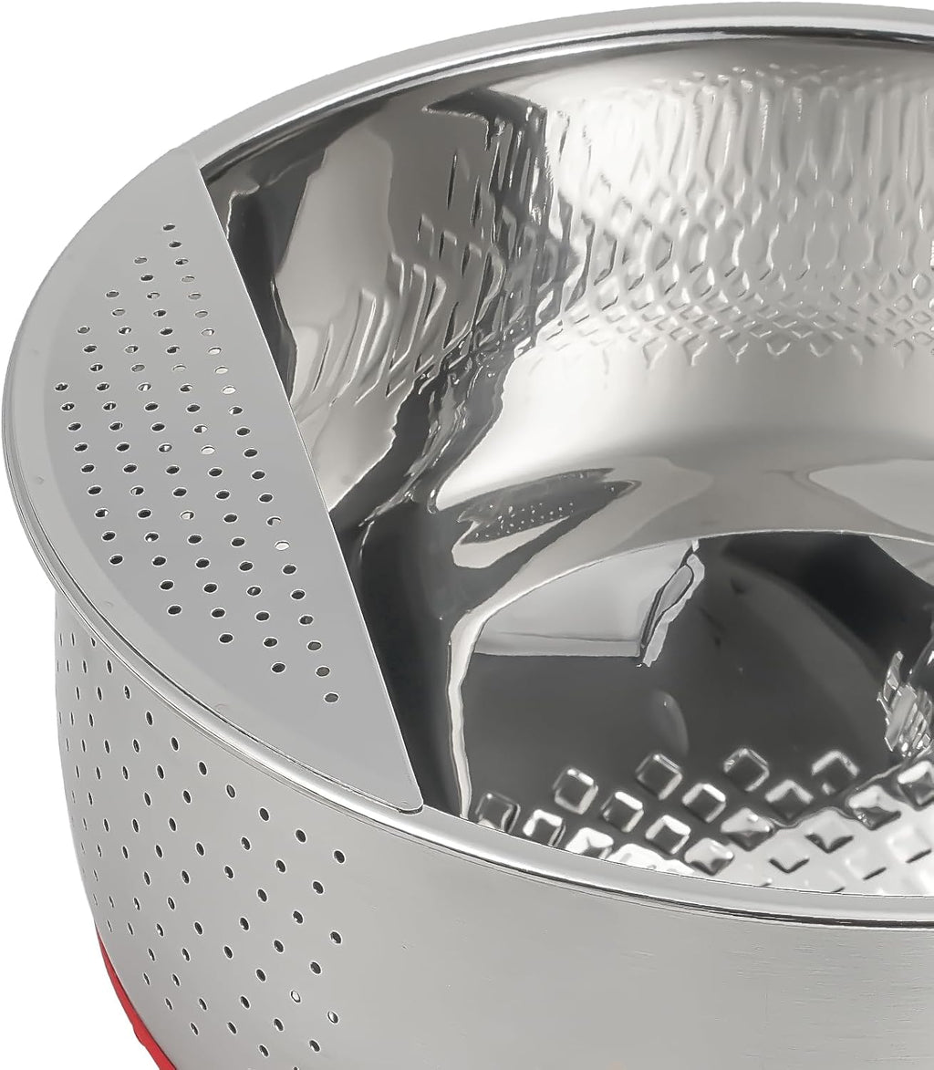 Rice Strainer Washing Bowl Quinoa Washer whit Handle Stainless Steel Colander Versatile Side Drainers for Cleaning Rinsing Fruits, Vegetables, and Beans - Tilting Non-slip Silicone Bottom, Red