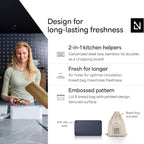 LARS NYSØM Bread Box I Metal Box with linen bag for long lasting freshness I Bread Bin with bamboo lid usable as cutting board I 13.4x7.3x5.3In (Midnight Blue)