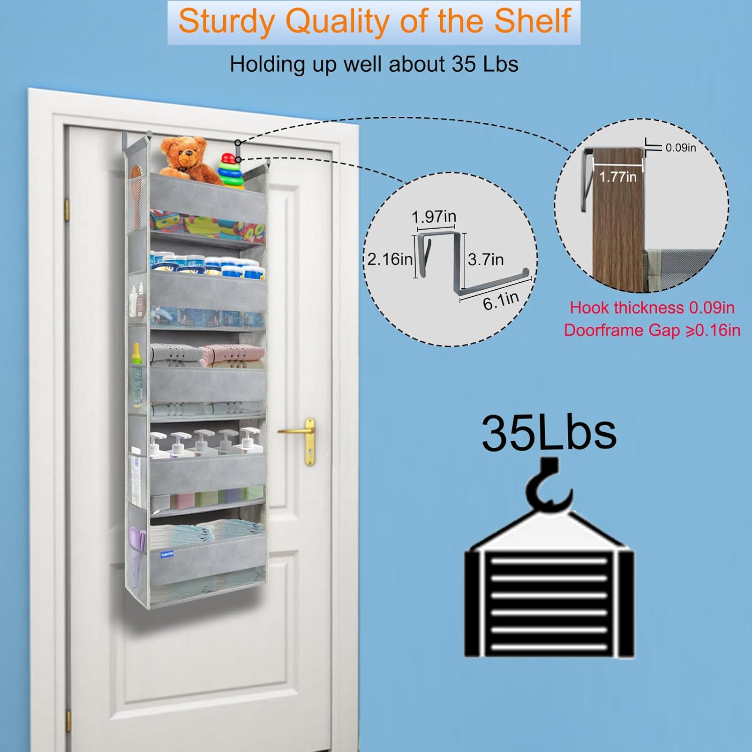 Extra Large Over The Door Organizer Storage 5-Shelves and 10 Side Pockets, Heavy Duty Hanging Door Organizer for Closet Bathroom Bedroom Nursery Pantry, Grey