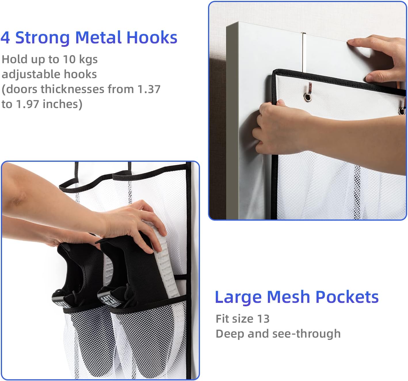 KEEPJOY Over the Door Shoe Organizer, Hanging Shoe Organizer with 4 Hooks, Shoe Holder with 14 Mesh Pockets Closet Door Shoe Storage Bag (White-2Pack)