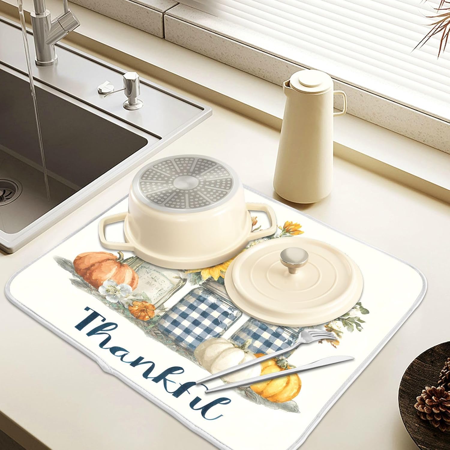 Autumn Pumpkin and Sunflower Floral Vase Dish Drying Mat for Kitchen Counter Absorbent Microfiber Large Drying Pad Dish mats for Kitchen Countertops 18 x 24 Inch