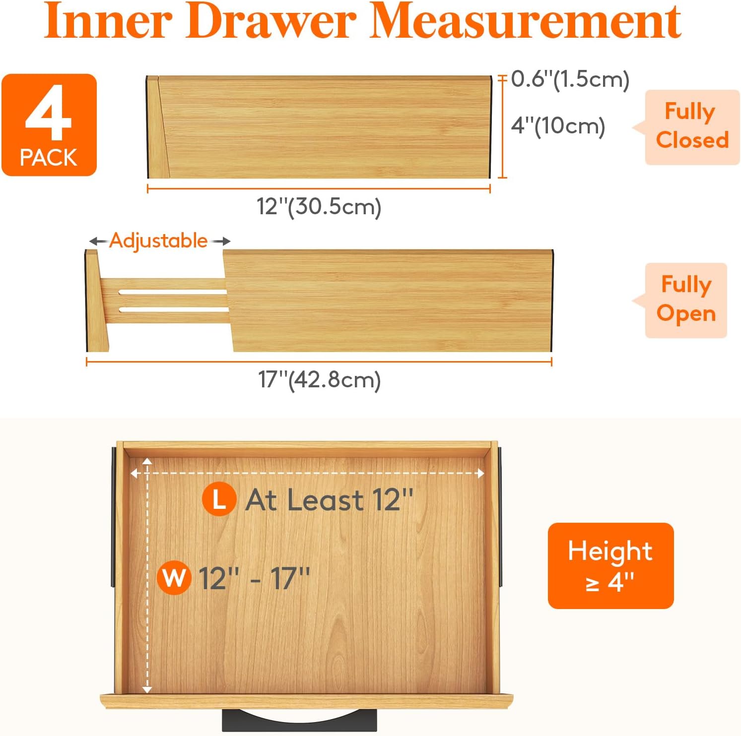 Lifewit 4 Pack Drawer Dividers Bamboo 4" High, 12-17" Adjustable Drawer Organizers for Clothes, Expandable Dresser Separators in Bedroom/Bathroom/Kitchen/Fridge/Office Organization and Storage