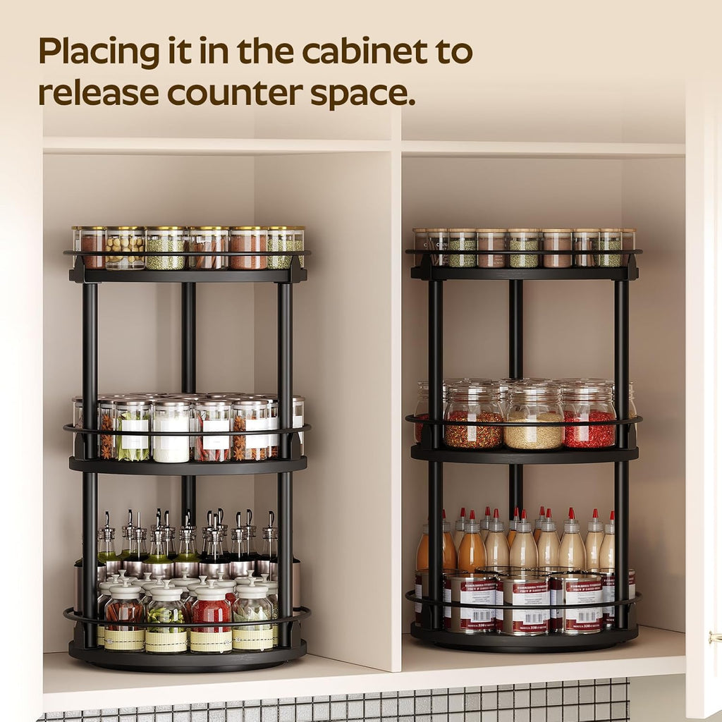 3-Tier Lazy Susan Organizer, Rotating Spice Rack, Spinning Organizer, Industrial Turntable Spice Rack Organizer for Cabinet, Kitchen Countertop, Pantry, Black SR23BK