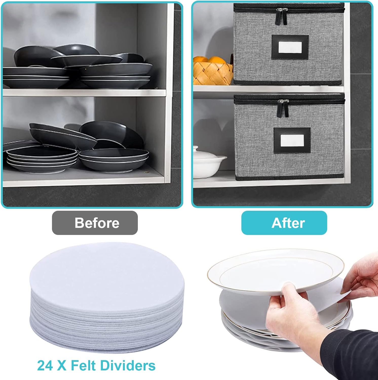 China Storage Containers-Quilted Dish Storage Containers with Lid Hard Shell for Moving Transport, Dinnerware Storage,Stackable Plate Storage,24 Felt Plate Dividers Included,2PACK 12*12*8in(Dark Grey)