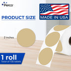 Perco Light Brown 2-inch Round Circle Thermal Sticker Labels - 735 Labels/Roll, Direct Thermal Printer Compatible, Permanent Adhesive, Vibrant Colors, Strong Hold, Perforated for Easy Use—Made in USA