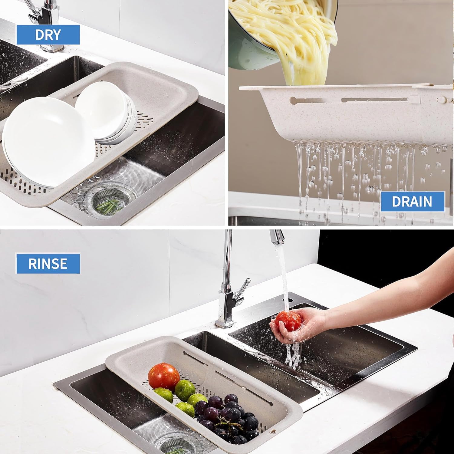 LASSHSWA Collapsible Colander and Strainer for Kitchen, Over the Sink Strainer Basket for Kitchen, Fruit Pasta Food Strainer Expandable Plastic Colander with A Sink Drain Strainer Stainless Steel