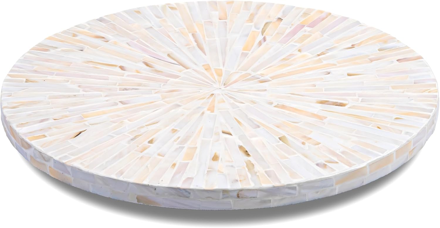 PEMAR PEMAR Mother of Pearl Lazy Susan Turntable – 12.6″ Decorative Wooden Rotating Tray Countertop Organizer (White Cream Sunlight/Starburst Pattern)
