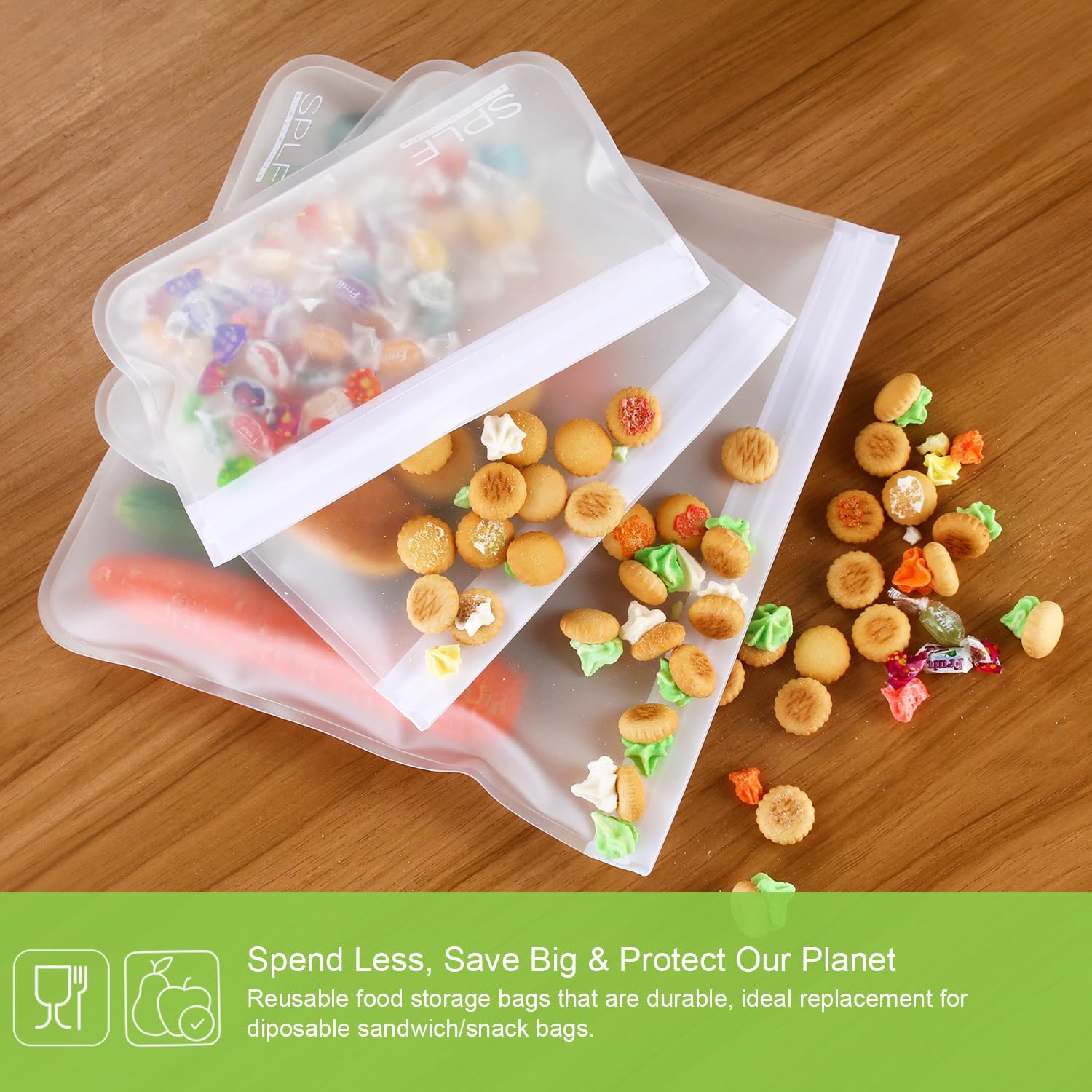 SPLF 10 Pack Dishwasher Safe Reusable Snack Bags, BPA Free Reusable Food Storage Freezer Bags Leakproof Silicone and Plastic Free Lunch Bags Fridge Home Organization