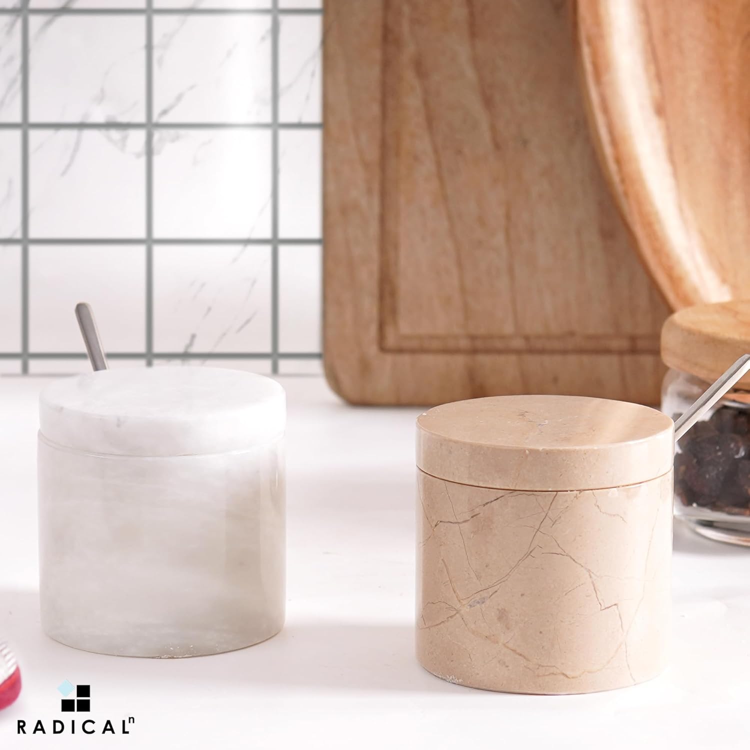 Radicaln Marble Salt Cellar With Lid and Tray 3" Inch White and Verona Set of 2 Salt Bowl & Spice Storage Container for Kitchen countertop, Ideal Sugar Bowl