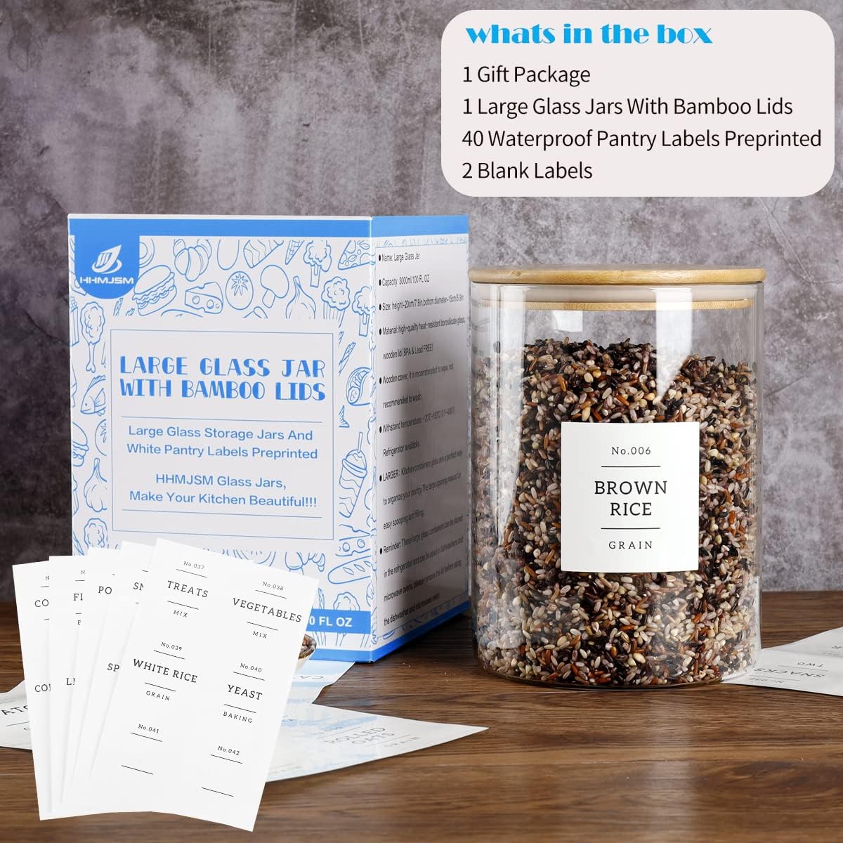 Large Glass Storage Jars With Airtight Bamboo Lid - 100 Fl Oz Thicken Kitchen Glass Food Storage Canister With 42 Pantry Labels - Big Clear Flour And Sugar Containers Farmhouse