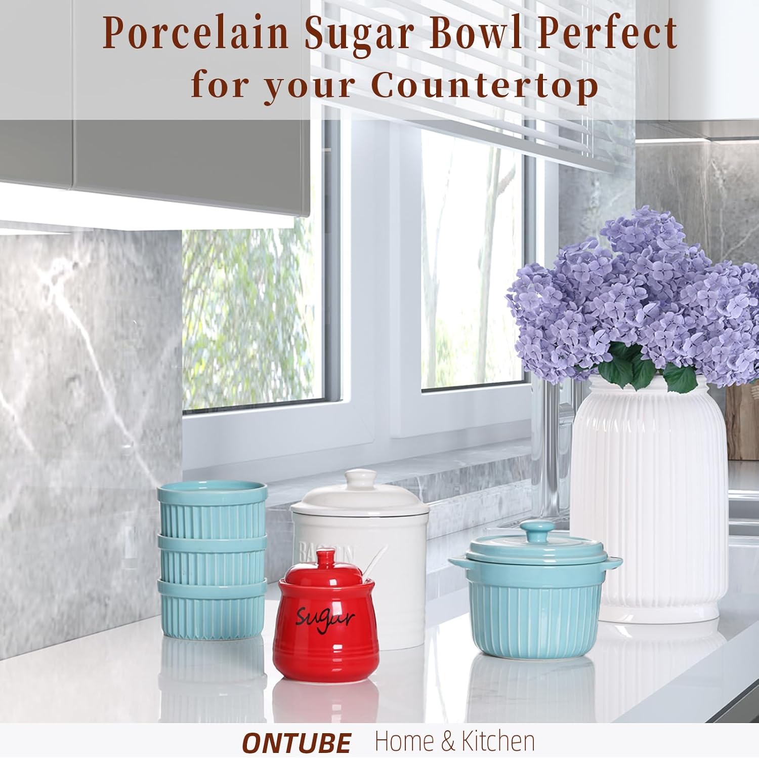 ONTUBE Ceramic Sugar Bowl with Lid and Spoon 12oz (Red)