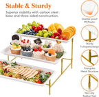 Lifewit Plastic 3 Tier Serving Tray for Party Supplies, 14" x 6.5" Crack-Proof Platters for Serving Food, White Reusable Trays with Yellow Metal Display Stand for Veggie, Fruit, Cookies, Dessert