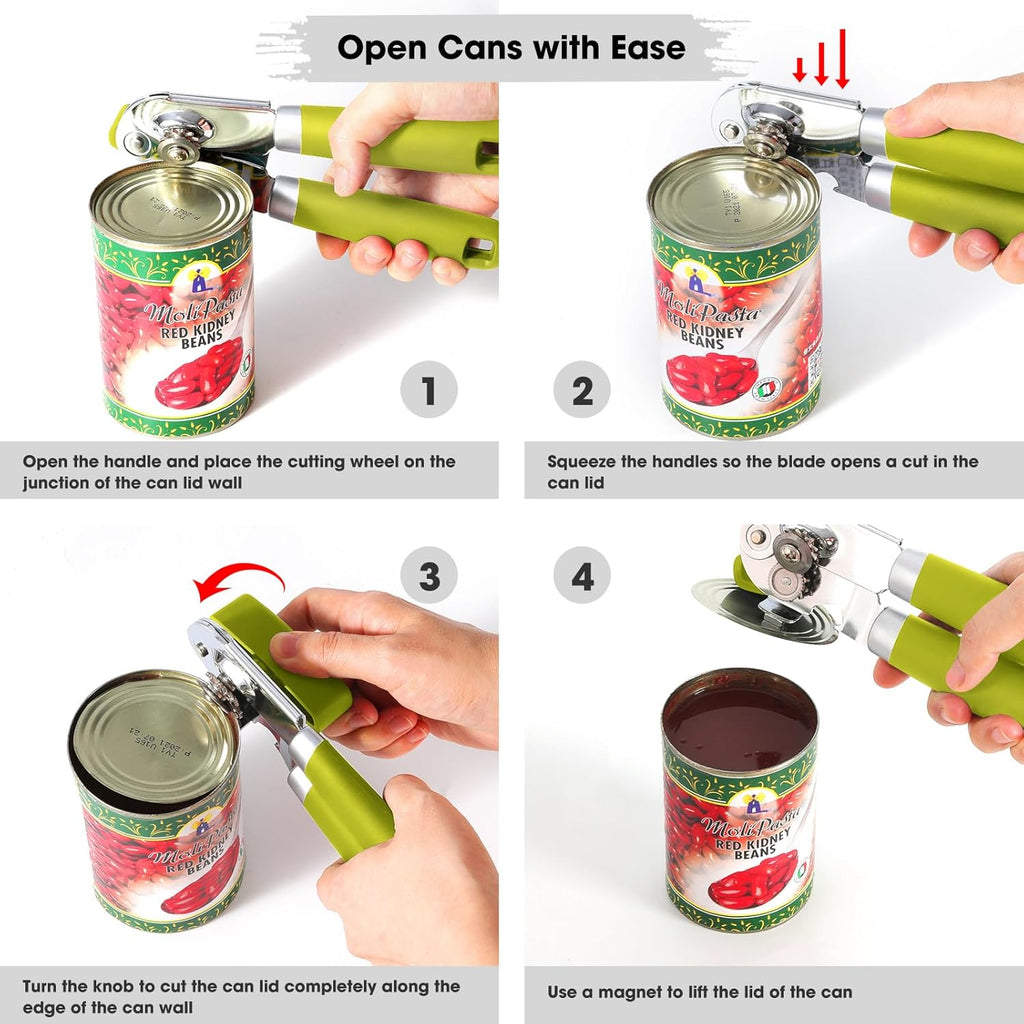 Beneno Can Opener Manual with Magnet, Hand Held Heavy Duty Can Opener with Durable Sharp Blade Smooth Edge, Big Effort-Saving Knob, Soft Grip Rubber Handle, Multifunctional Bottle Opener, Lime Green