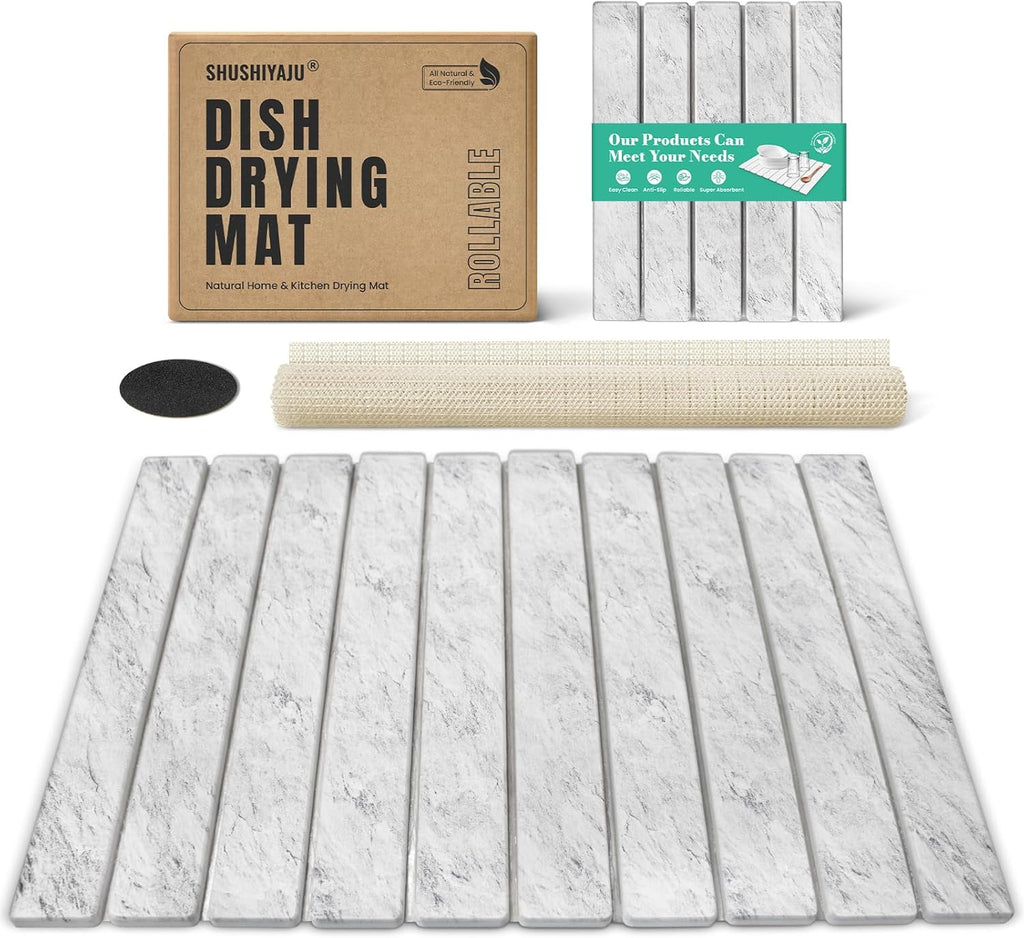 Stone Dish Drying Mat Collapsible Diatomaceous Earth Absorbent Mat Quick Dish Drying Pad Dish Rack Pad Match Any Counterto Multiple Usage for Kitchen,Bathroom (Light-Gray Frosted Pattern, 24"L x 16"W)
