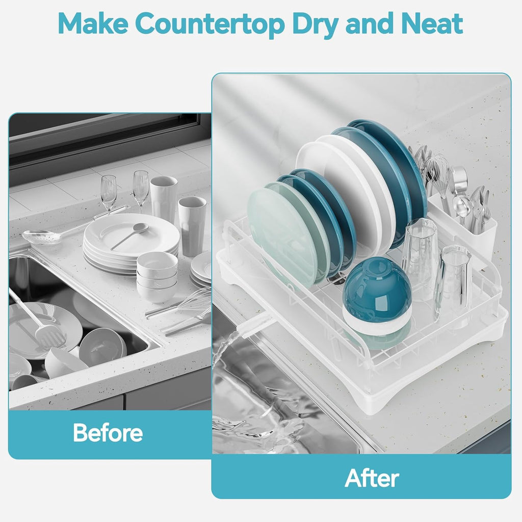 Dish Drying Rack Kitchen - Dish Racks for Kitchen Counter Space-Saving, Dish Drainer with Automatic Drain and Adjustable Spout, Dishwasher Rack with Cutlery Holder, Easy to Install, White