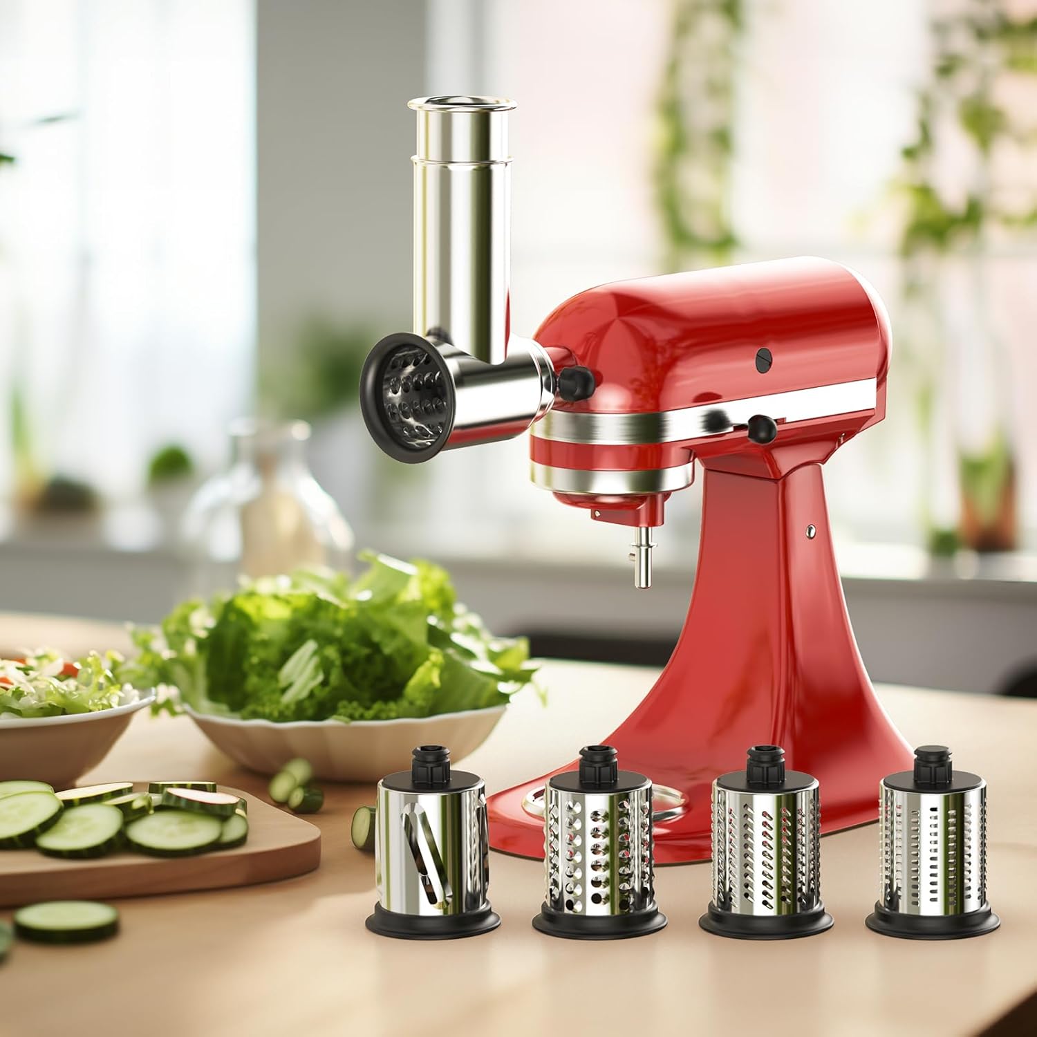 Stainless Steel Slicer Shredder Attachment for KitchenAid Stand Mixer, Cheese Grater Attachment for Kitchenaid, Grinding Powder, Salad Maker with 4 Blades, Attachment for Kitchenaid Mixers