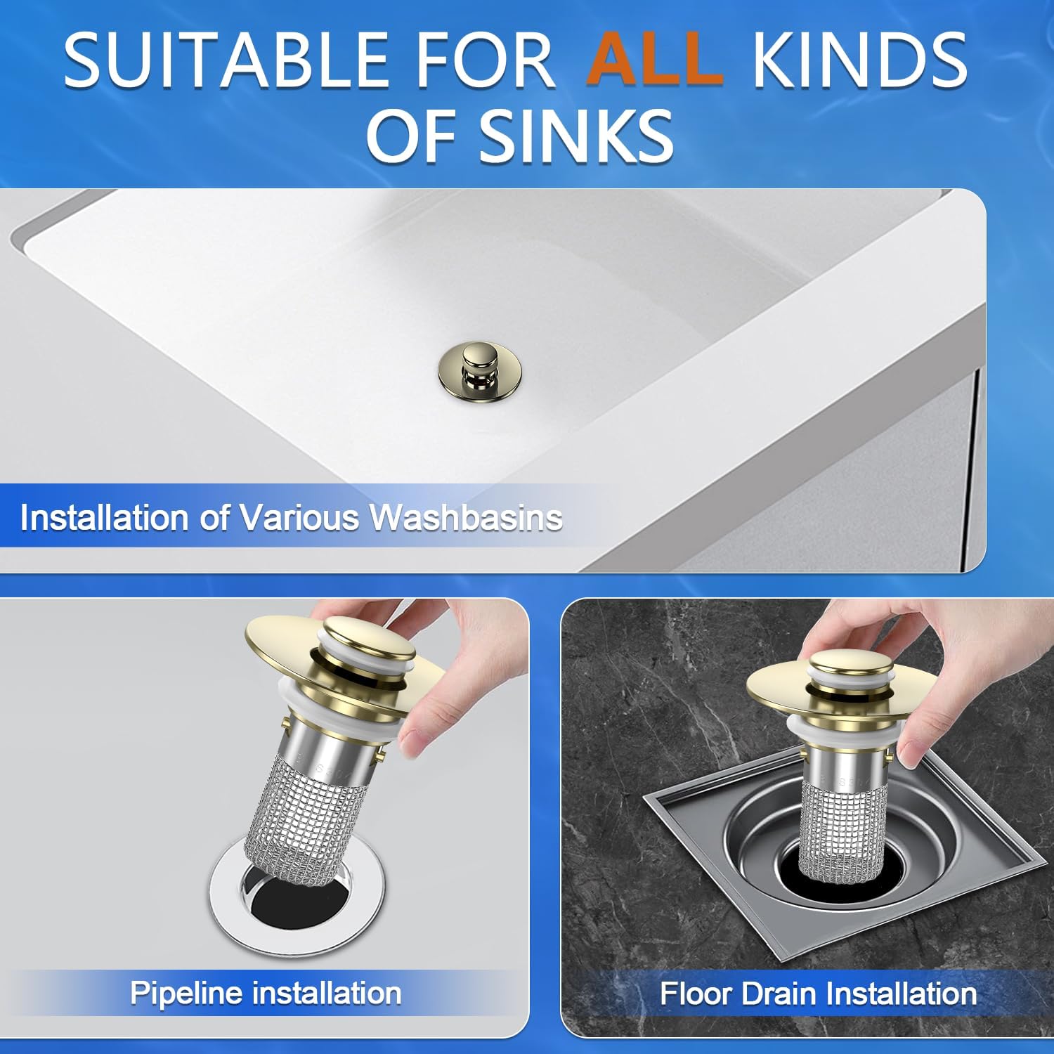 Sink Stopper Hair Catcher, Pop-up Sink Drain Strainer with Removable Stainless Steel Strainer Basket Hair Catcher, Bathroom Sink Strainer for Bathroom Sink Stopper Replacement (Brushed Gold)