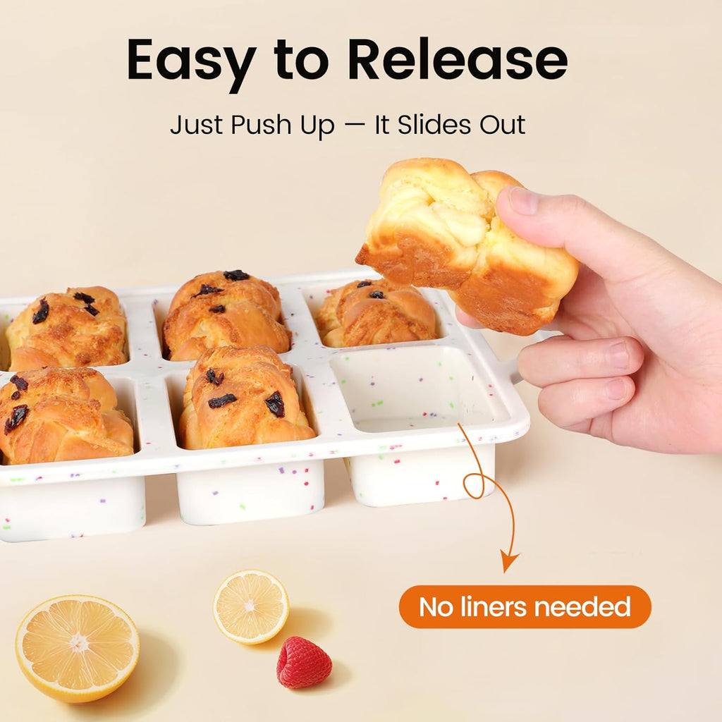 SJ Silicone Mini Loaf Pans with Metal Reinforced Frame-2 Pack, Non-stick Silicone Mini Bread Loaf Pans for Baking 8-Cavity, Tiny Banana Bread Set, Dishwasher Safe Brownie Pan-Cream