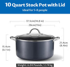 BEZIA 10 Quart Cooking Pot, Large Non Stick Induction Stock Pots with Lid, All Stove Compatible, 10 QT Aluminum Soup/Stew Pot For Large Families or Meal Prepping, Grey