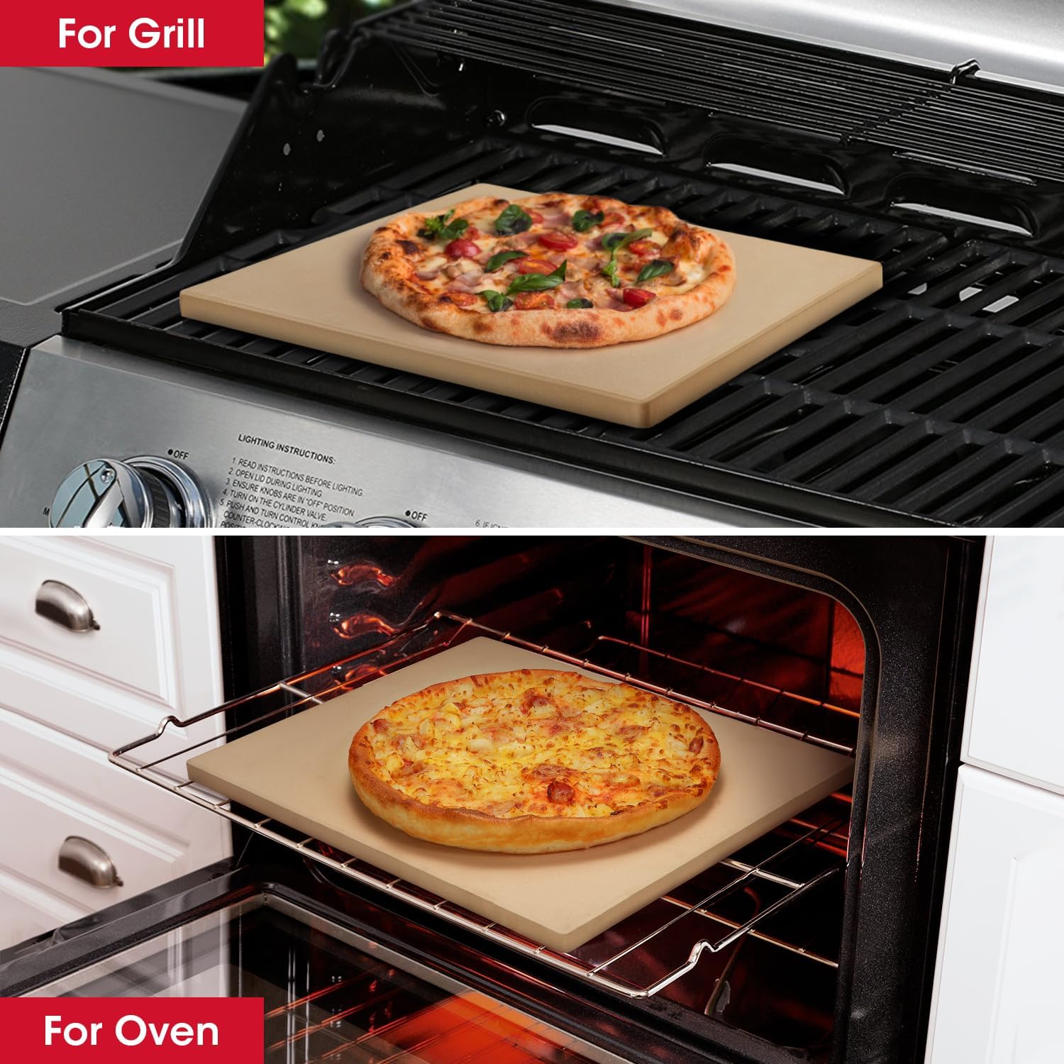 Unicook Pizza Stone for Oven and Grill, Rectangular Baking Pan 15 Inch x 12 Inch, Cordierite Large Cooking Oven Stone with Plastic Dough Scraper, Thermal Shock Resistant Pizza Pan