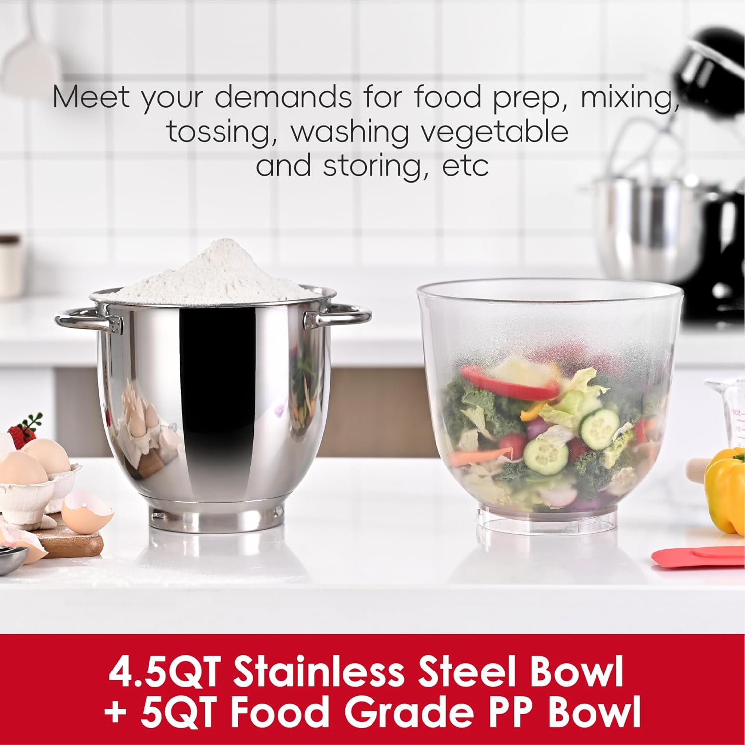 Kitchen in the box Stand Mixer, 5QT + 4.5QT Two bowls Electric Food Mixer, 10 Speeds Kitchen Mixer for Daily Use with Egg Whisk,Dough Hook,Flat Beater (Gradient Red, 5QT)