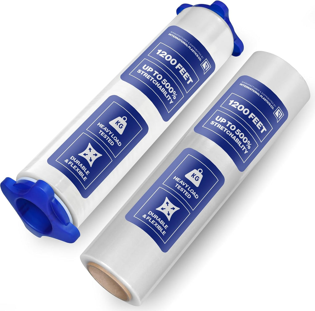 International Plastics Co. 15" Plastic Stretch Film Wrap with Tension Handles 1200ft Each 500% Stretch Clear Cling Durable Adhering Packing Moving Packaging Heavy Duty Shrink