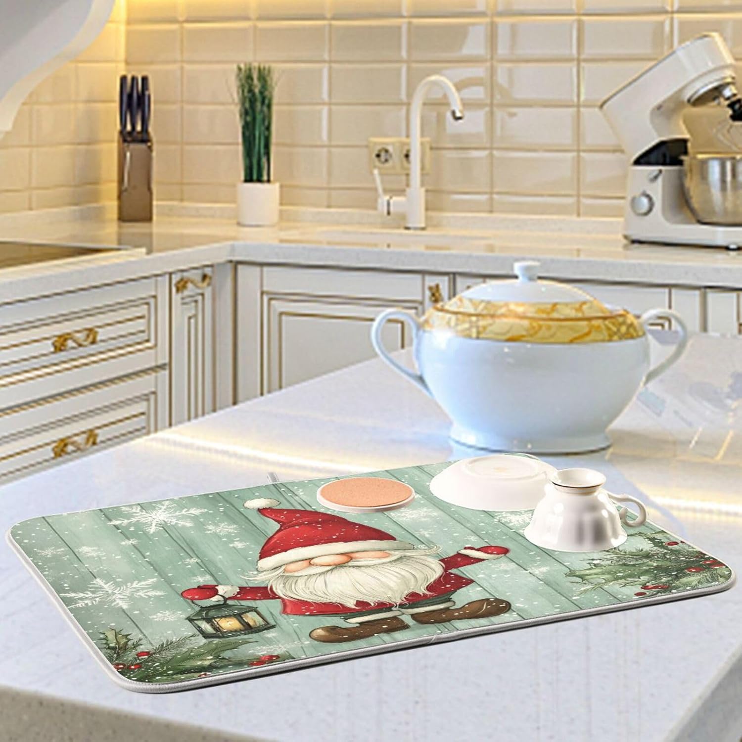 Christmas Gnome with Lantern Dish Drying Mat for Kitchen Counter Absorbent Microfiber Drying Pad, Large 18x24 in, Reversible Drainer Mats