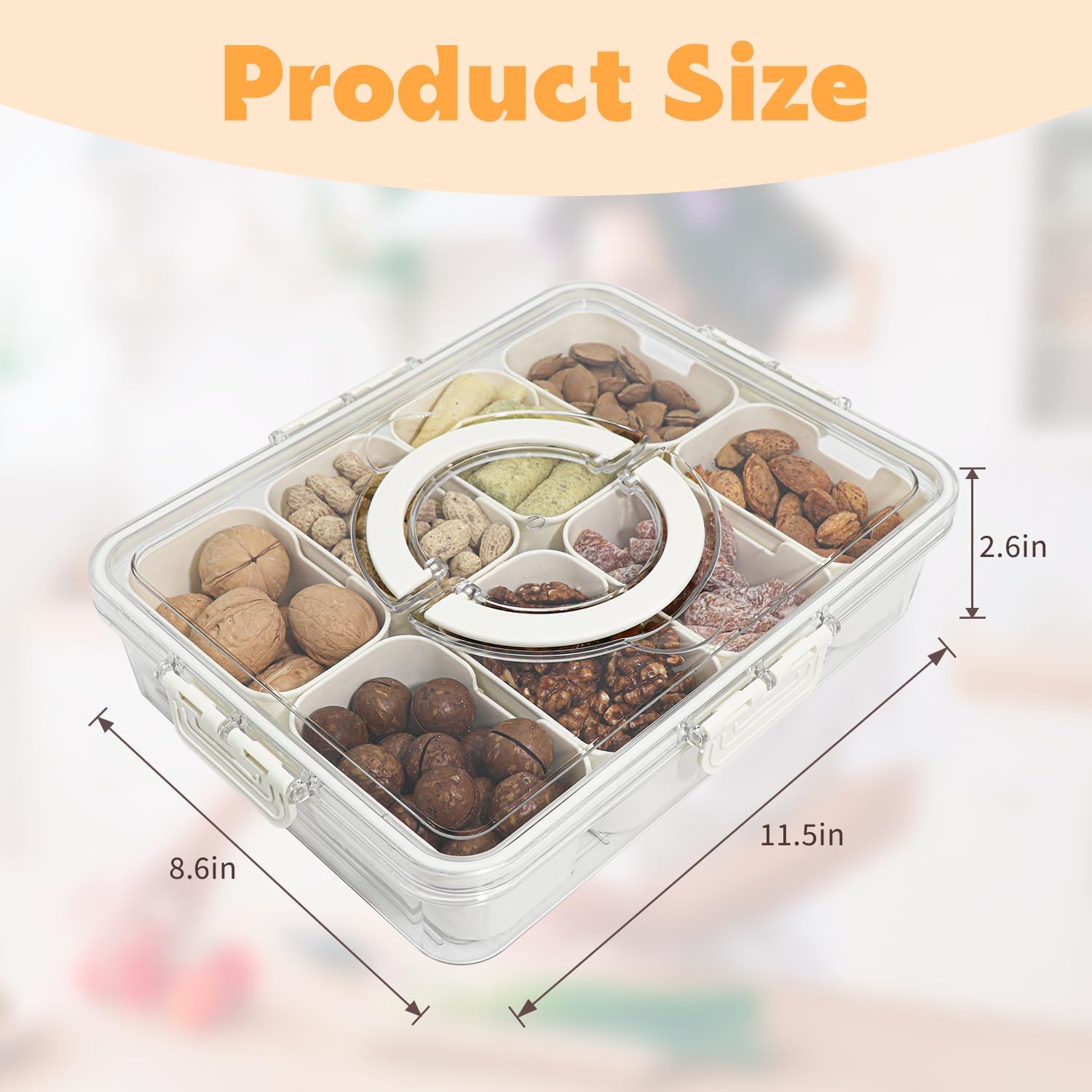 Divided Serving Tray with Lid and Handle,8 Compartments Snacks Box,Snack Fruit Tray,Veggie Tray,Portable Platter for Candy Fruits Nuts Snack Party Entertaining Picnic(2 PCS)