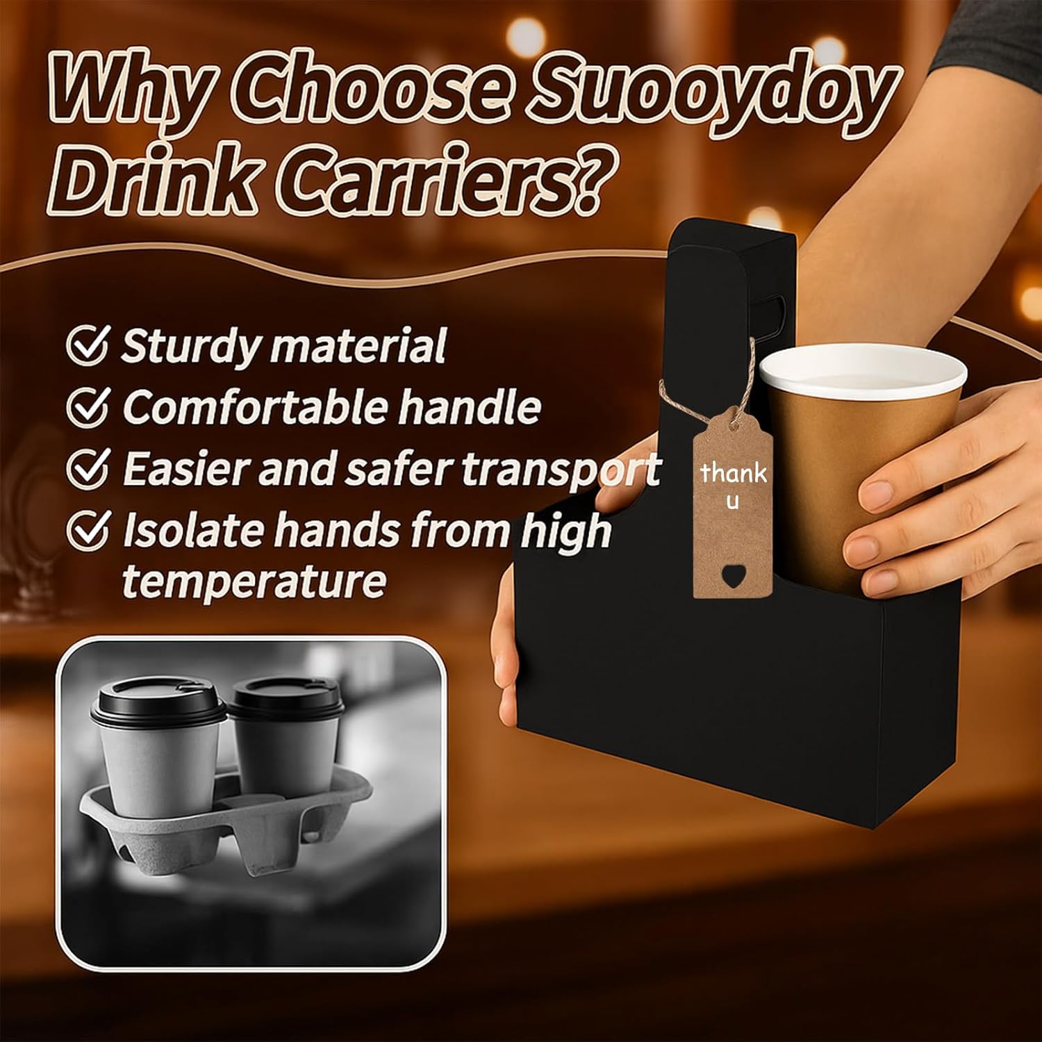 10 Pack 2 Cup Disposable Drink Carrier with Handle Paperboard Coffee Cup Holder Portable for Hot Cold Drinks Food Delivery Services with Heart Card for Teacher Appreciation Week Mother's Day
