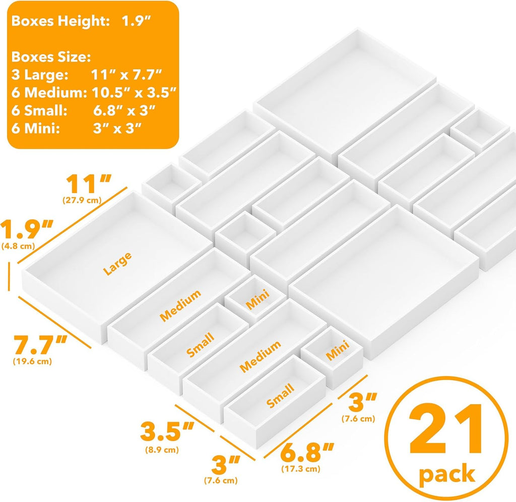 SpaceAid 21-Piece Bamboo Drawer Organizer Storage Boxes Set, Wood Tray Junk Drawer Organizers Multi-Use Divider Bins for Kitchen, Bathroom, Office Desk and Makeup Organization (21 Pack, White)