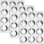 E-far 12-Cup Muffin Pan Set of 3, Stainless Steel Cupcake Pan Tins, Non-Toxic Metal Cupcake Tray for Baking Small Muffin Cakes, Heavy Duty & Regular Size, Rust Free & Dishwasher Safe