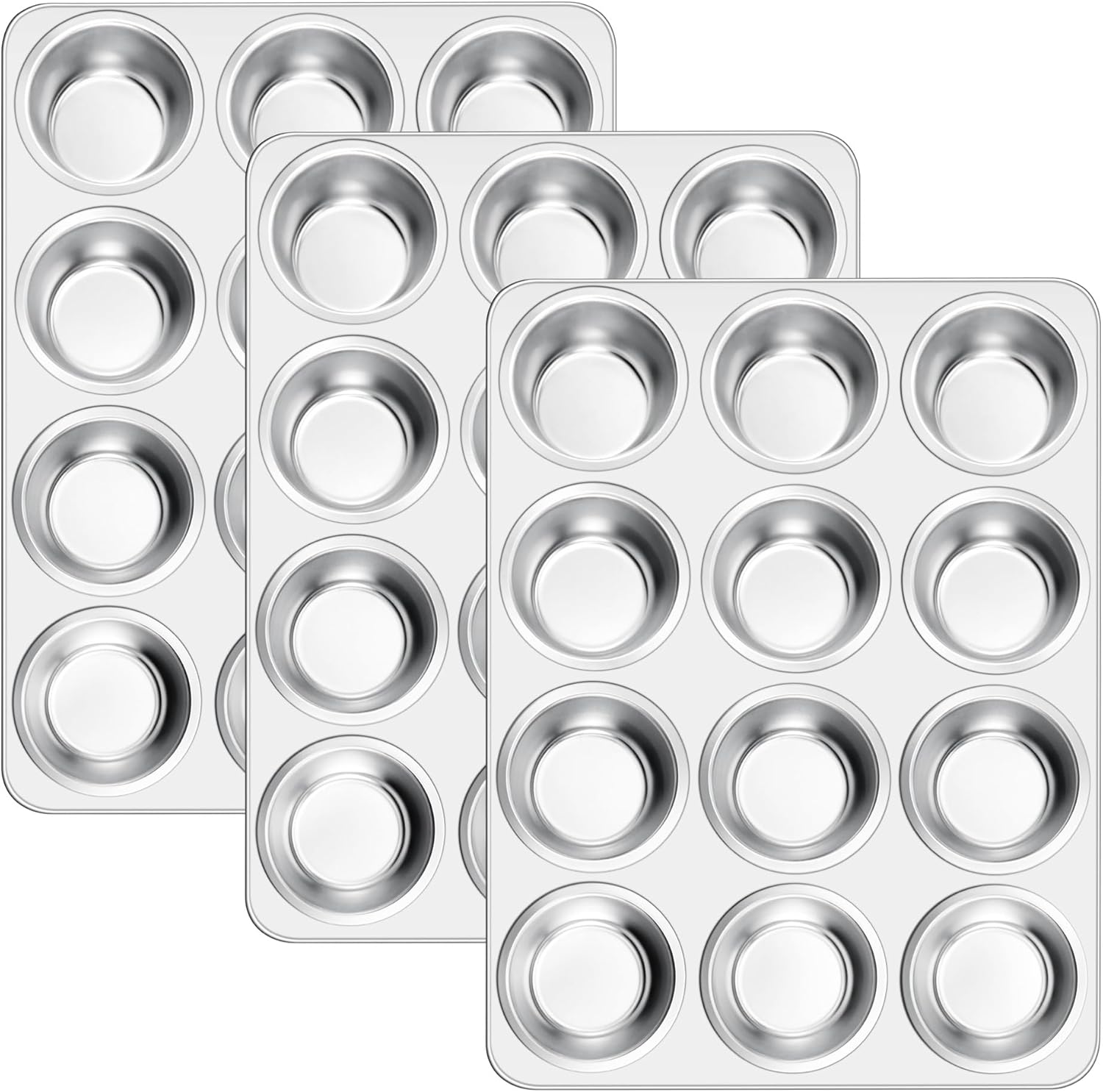 E-far 12-Cup Muffin Pan Set of 3, Stainless Steel Cupcake Pan Tins, Non-Toxic Metal Cupcake Tray for Baking Small Muffin Cakes, Heavy Duty & Regular Size, Rust Free & Dishwasher Safe