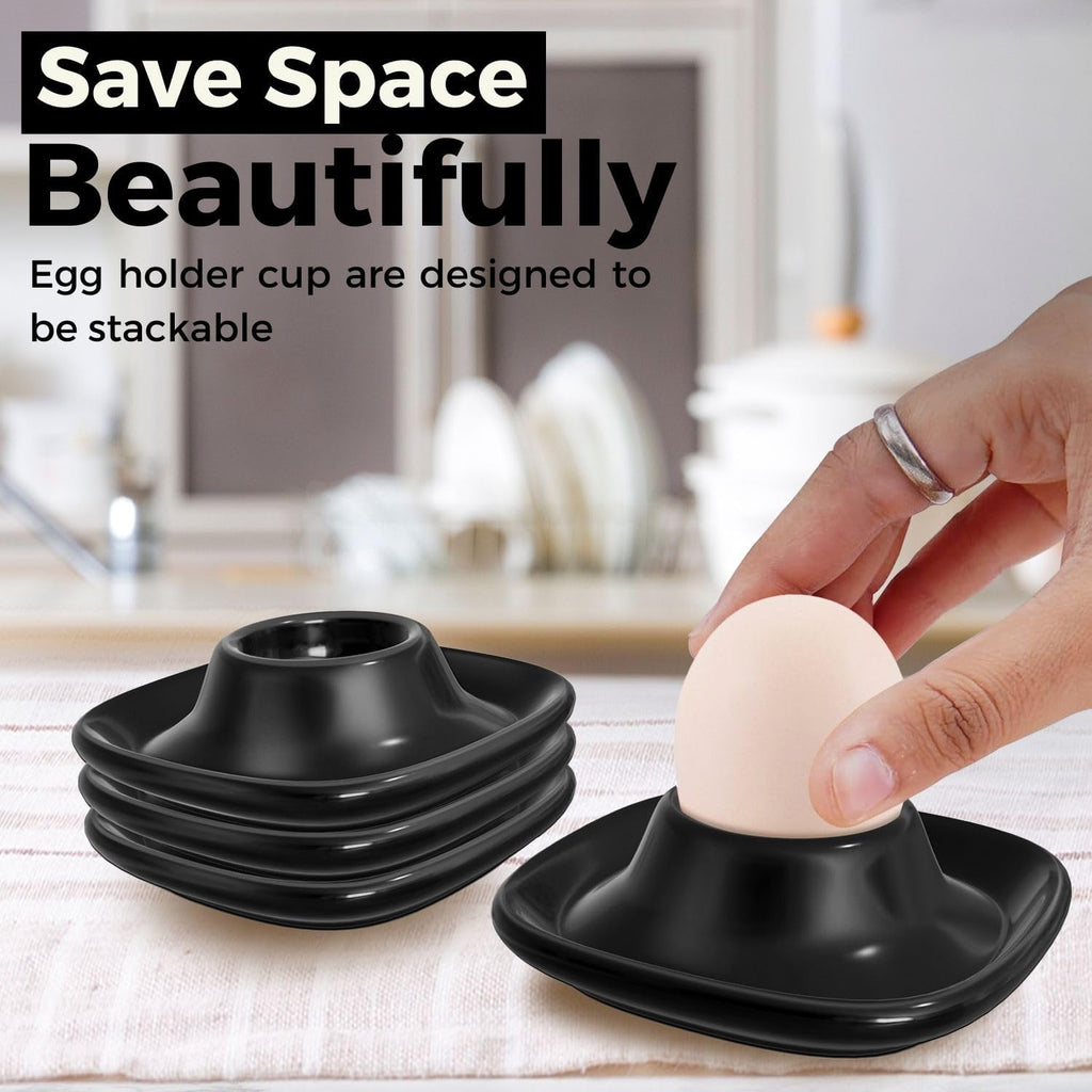 Flexzion Soft Boiled Egg Holder Set - 4-Piece Black Ceramic Egg Cup, Stackable Egg Coddler Cups with Base for Serving, Breakfast, Brunch - Kitchen Table Decor, Black