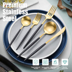 Matte Black Gold Silverware Set for 6,Modern Stainless Steel Brushed Cutlery Set,30-Pieces Heavy Duty Flatware Set,Knives Spoons and Forks Set Utensils Set, Satin Finish, Dishwasher Safe
