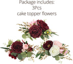 Rinlong Pre-made 3Pcs Cake Toppers Burgundy Flowers Cake Decorations Wedding Cake Decorating Flowers Decor Birthday Baby Shower Party Christening Christmas Cake Toppers