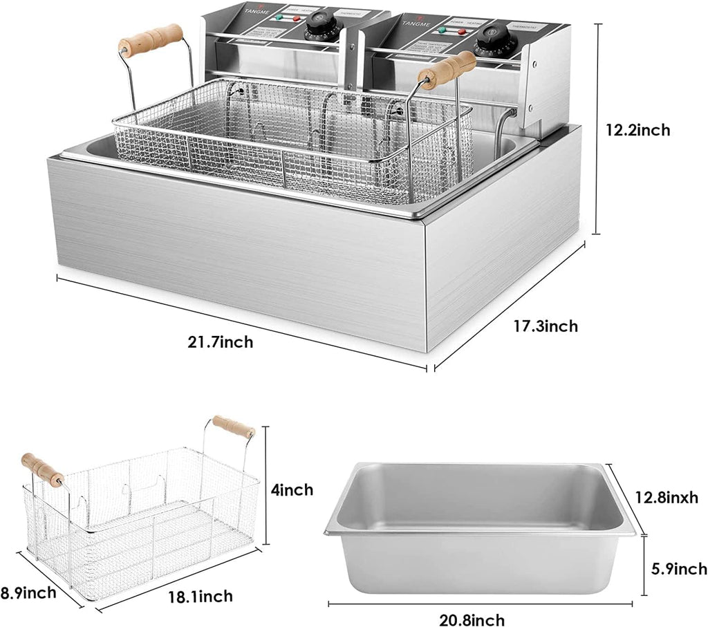 TANGME Commercial Deep Fryer, 3400w Electric Countertop Fryer with 3 Baskets, 22L/23.25Qt 1mm Thickened Stainless Steel Oil Fryer with Temperature Limiter for Restaurant, UL Certified