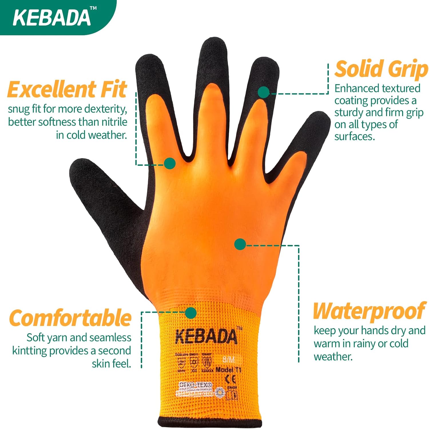 Kebada T1 Waterproof Winter Work Gloves for Men and Women,Insulated Work Gloves for Men Cold Weather,Warm Freezer Gloves Small