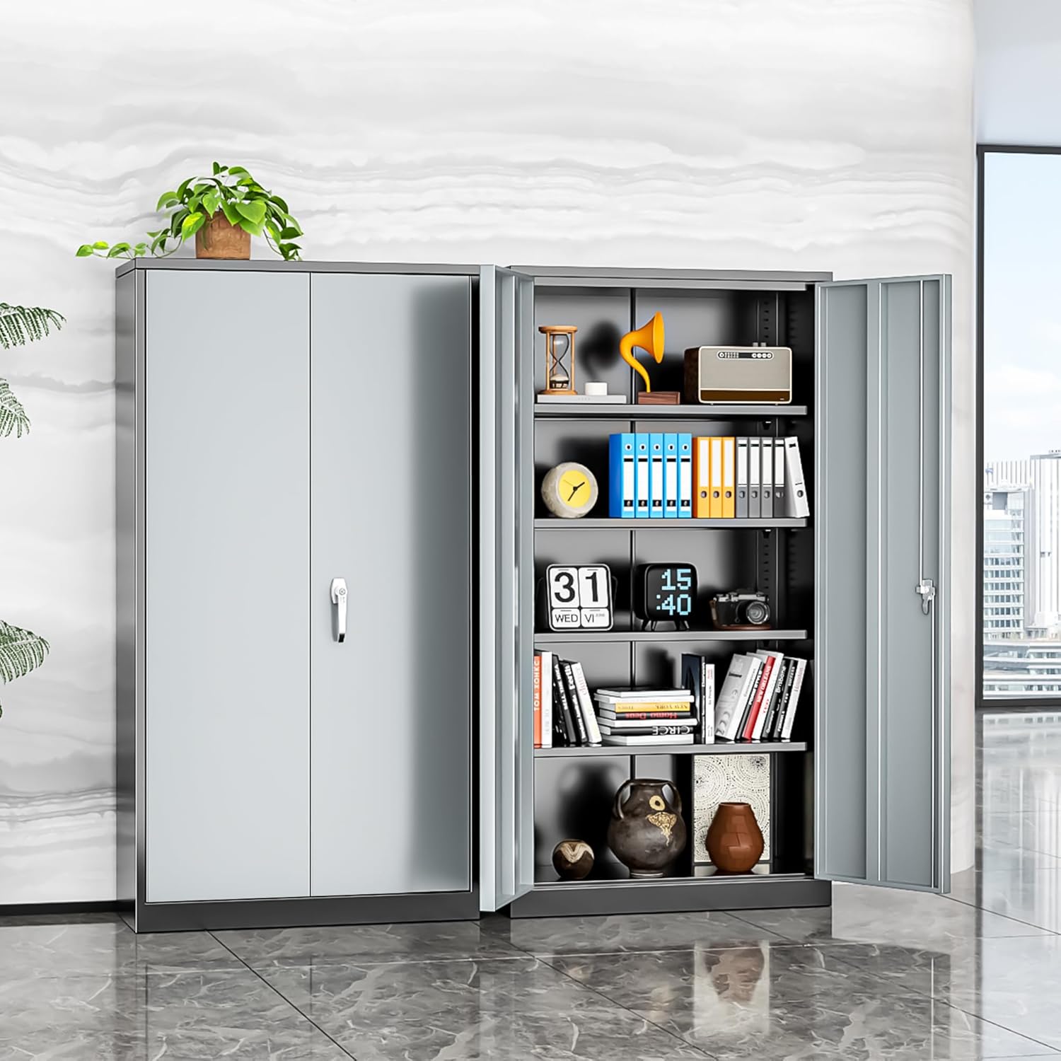 INTERGREAT Metal Storage Cabinets 72” Black Grey Garage Steel Storage Cabinet with Doors and Shelves, Steel File Cabinet for Home Office, Basement, Warehouse, Classroom（Anti Tipping）