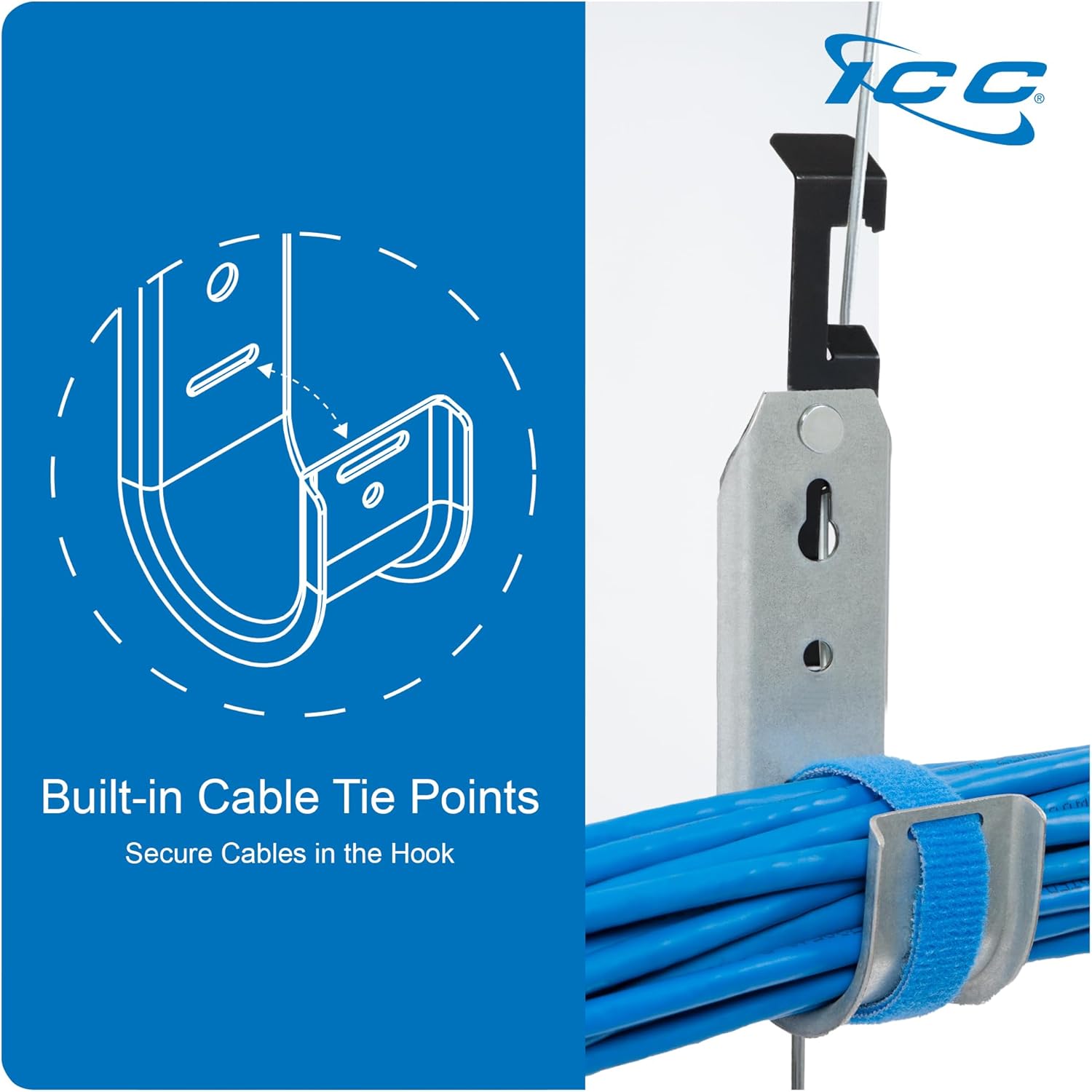 ICC Batwing J Hook 4” with Retainer Clip - Galvanized Steel Cable Management Hooks for Hanging Cable to Hanger Wire and Threaded Rod - Rust-Resistant, EIA and TIA Compliant - 4 Inch 25 Pack