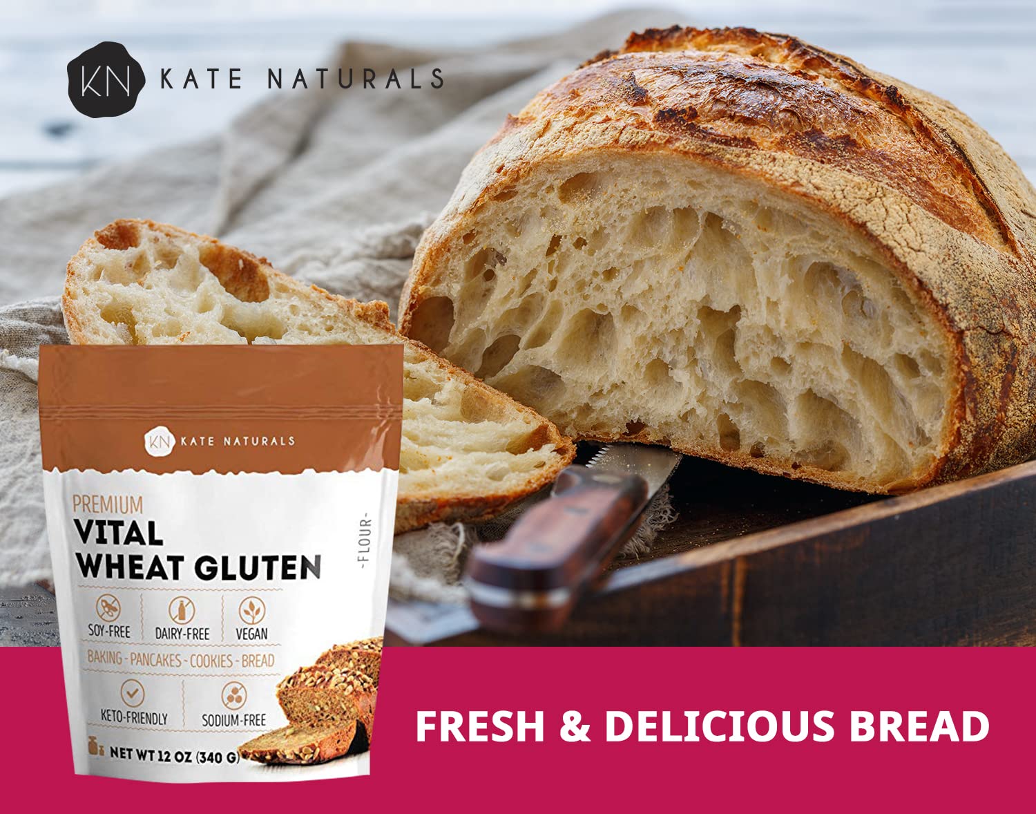 Kate Naturals Vital Wheat Gluten for Bread Making, Baking & Seitan. Compatible with Bread Machine (12oz, High Protein Flour)
