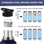 Lexlion Fruit Infuser Water Bottle - 22 Oz, Triple Walled Insulated Stainless Steel, Thermal Leaf Infuser, Silicone Sleeve, 3 Lids Leakproof, Metal Mug