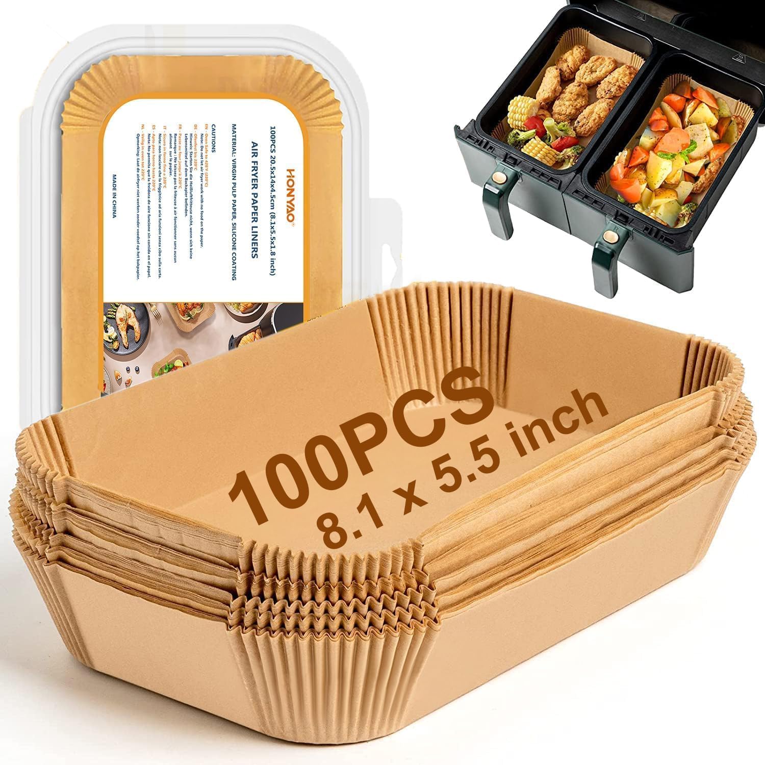 Air Fryer Paper Liners for Dual Zone Airfryer, 8.1x5.5 inch Rectangle Disposable Parchment Inserts for Two Drawer Ninja Double Stack XL 8-10 Quart Air Fryers, Food Grade Accessories BPA free
