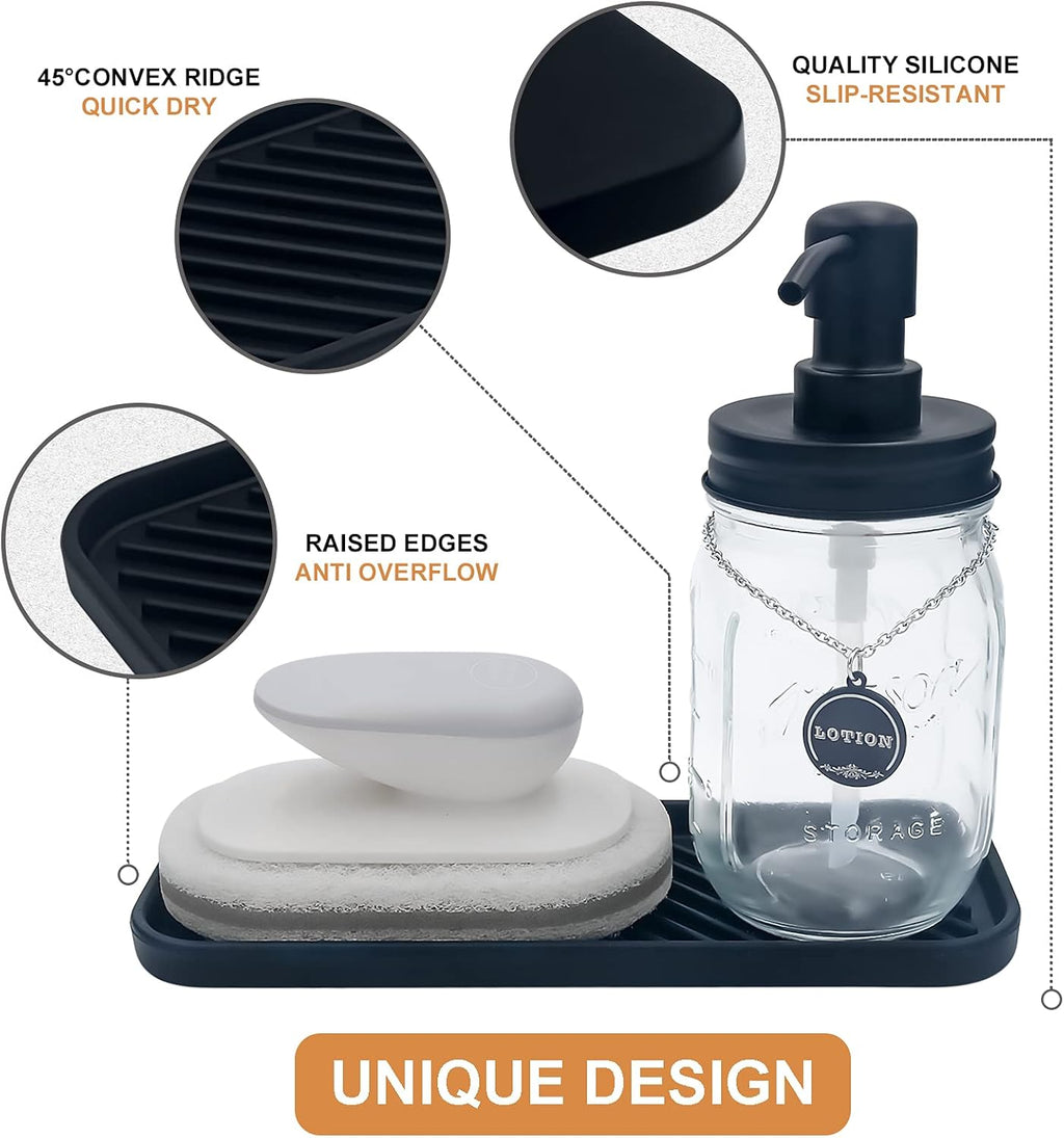Silicone Organizer Tray, Soap and Sponge Holder for Kitchen Sink, Bathroom - Storage Tray for Dish Brush, Soap Dispenser, Dishwashing Accessories- 2 Pack (Black)