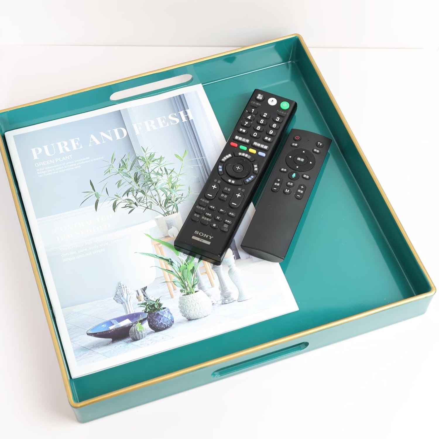 Spsyrine Green Decorative Serving Tray with Handles, 13" X 13" Square Plastic Coffee Table Tray for Ottoman, Living Room, Bathroom, Home Decor.