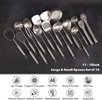 18/10 Stainless Steel Cooking Utensils Set - 16 PCS All Metal Kitchen Tools, Serving Utensils - Whisk, Masher, Fork, Tongs, Solid/Slotted Spoon, Spatula, Turner, Ladle, Skimmer, Pasta, Large Spoon Set