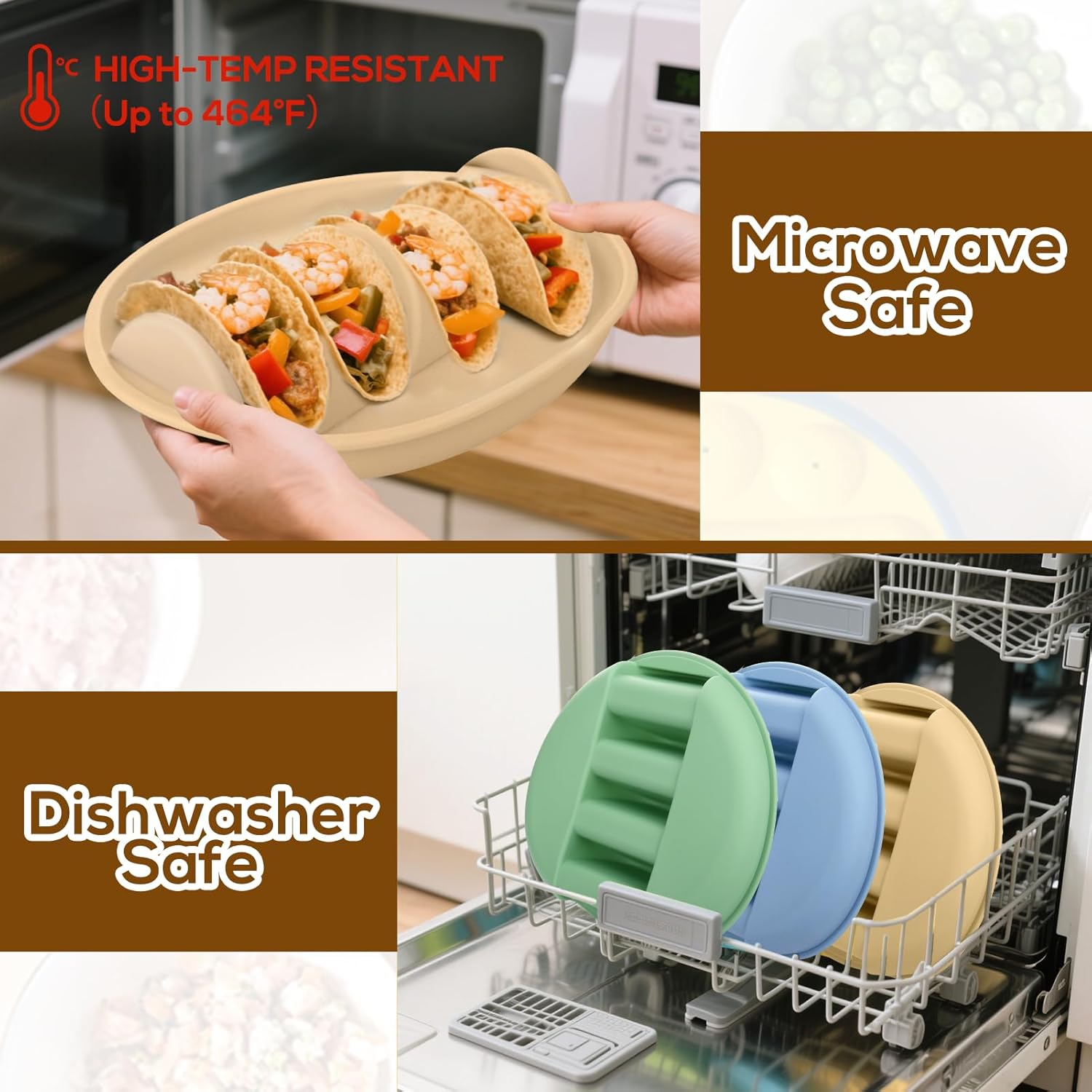 Silicone Taco Holder Plates Set of 4 - Reusable Taco Stand Plates with 4-Shell Slots, Oven/Microwave/Dishwasher Safe, Non-Slip Base for Tortillas Party Serving, Family Dinner & Meal Prep Accessories