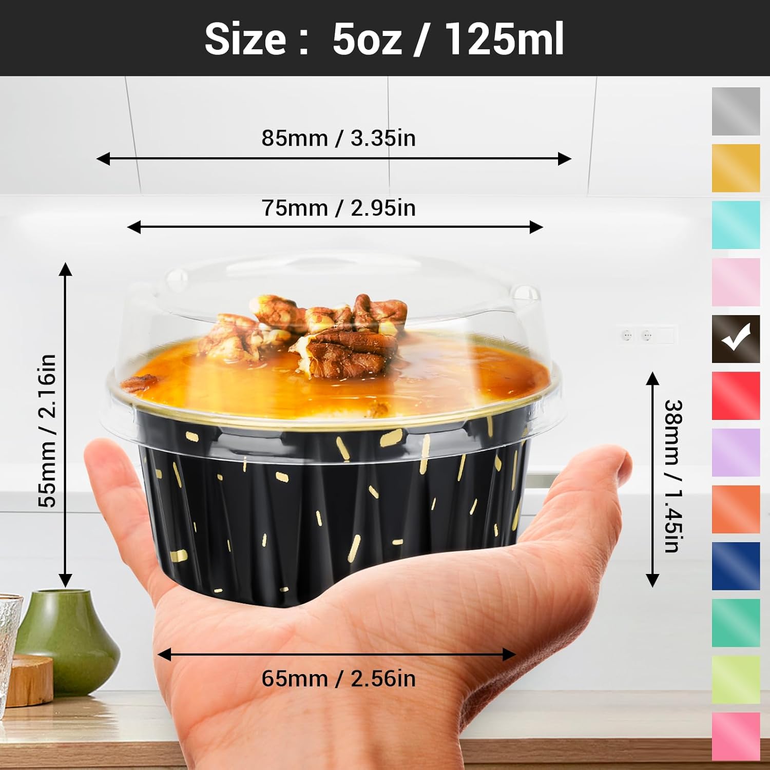 EUSOAR Foil Ramekins with Lids, Black 60Packs 5oz Disposable Baking Cups Foil Liner Cupcake Container, Dessert Cheesecake Pan Creme Brulee Cupcake Containers for Catering Gathering Club Wedding Party