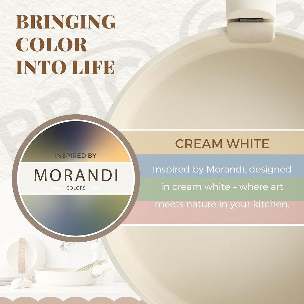 Ceramic Pots and Pans Set with Detachable Handle, Non-toxic Nonstick 8pcs Cookware Set with Die-cast Lids, Dishwasher & Oven Safe, PTFE PFOA PFAS Free, Perfect for College Dorm, Cream White